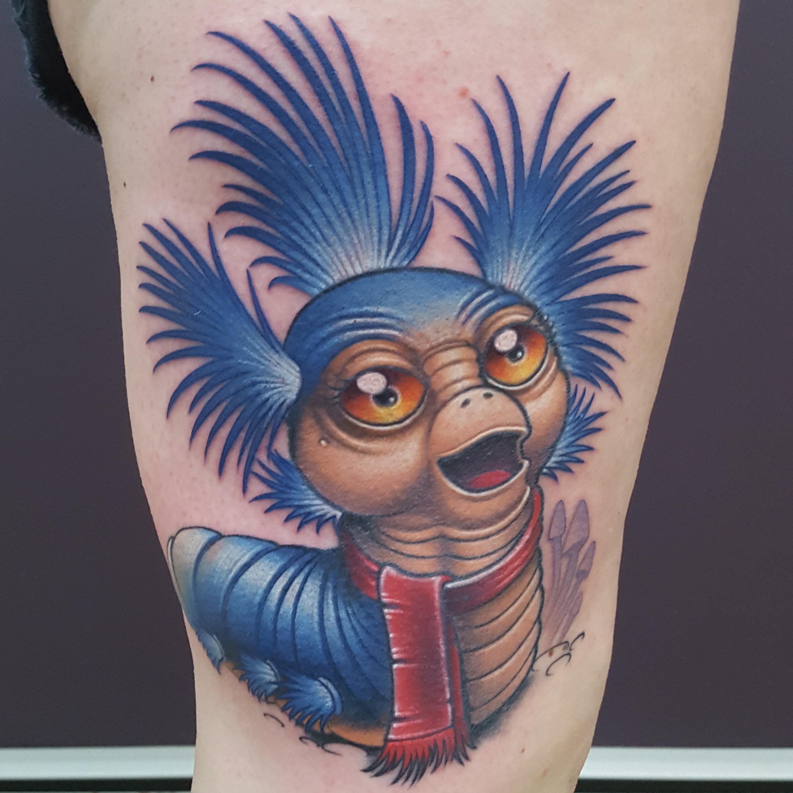 Tattoo of the Worm from Labyrinth by Cracker Joe Swider in Connecticut